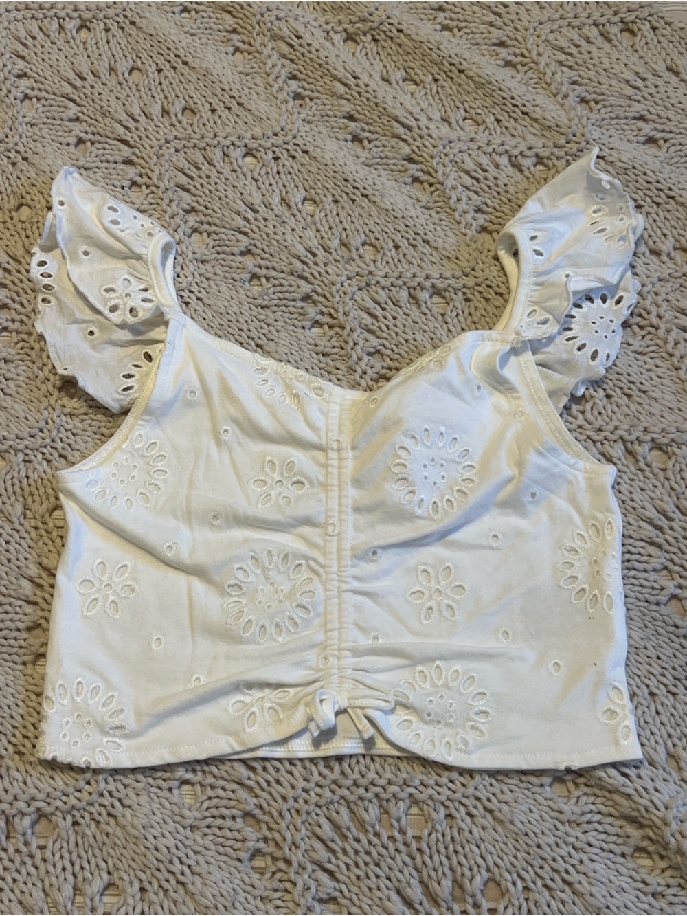 White Eyelet Ruffle Strap Crop Top